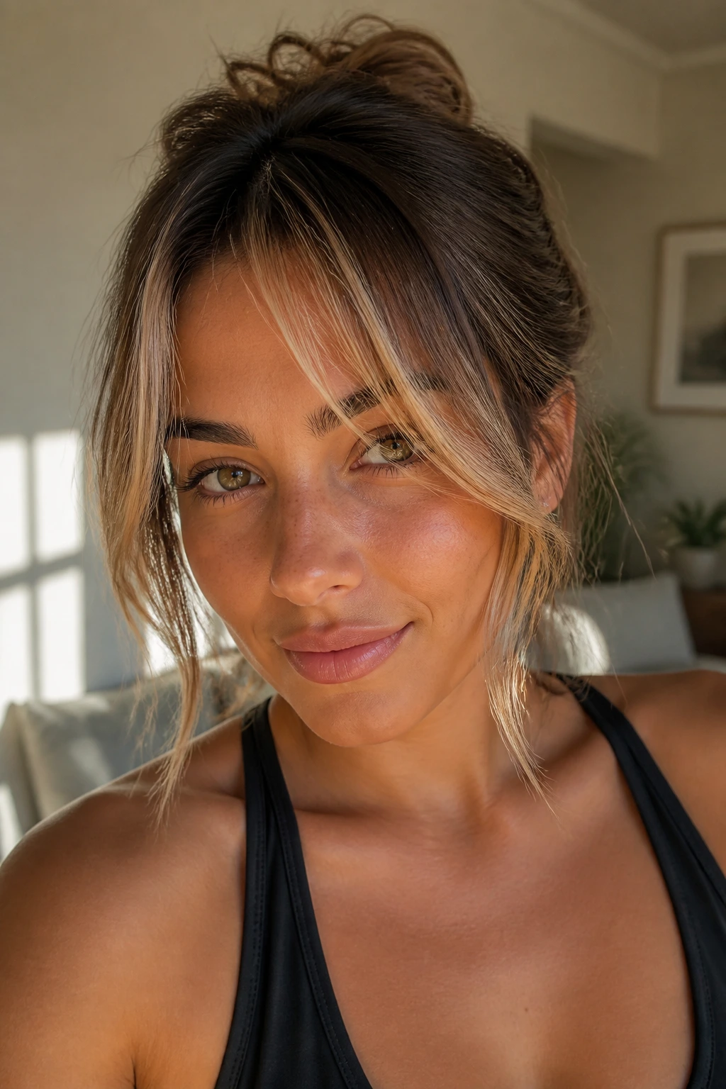 Portrait of a woman with highlight-framed fringe catching warm light.