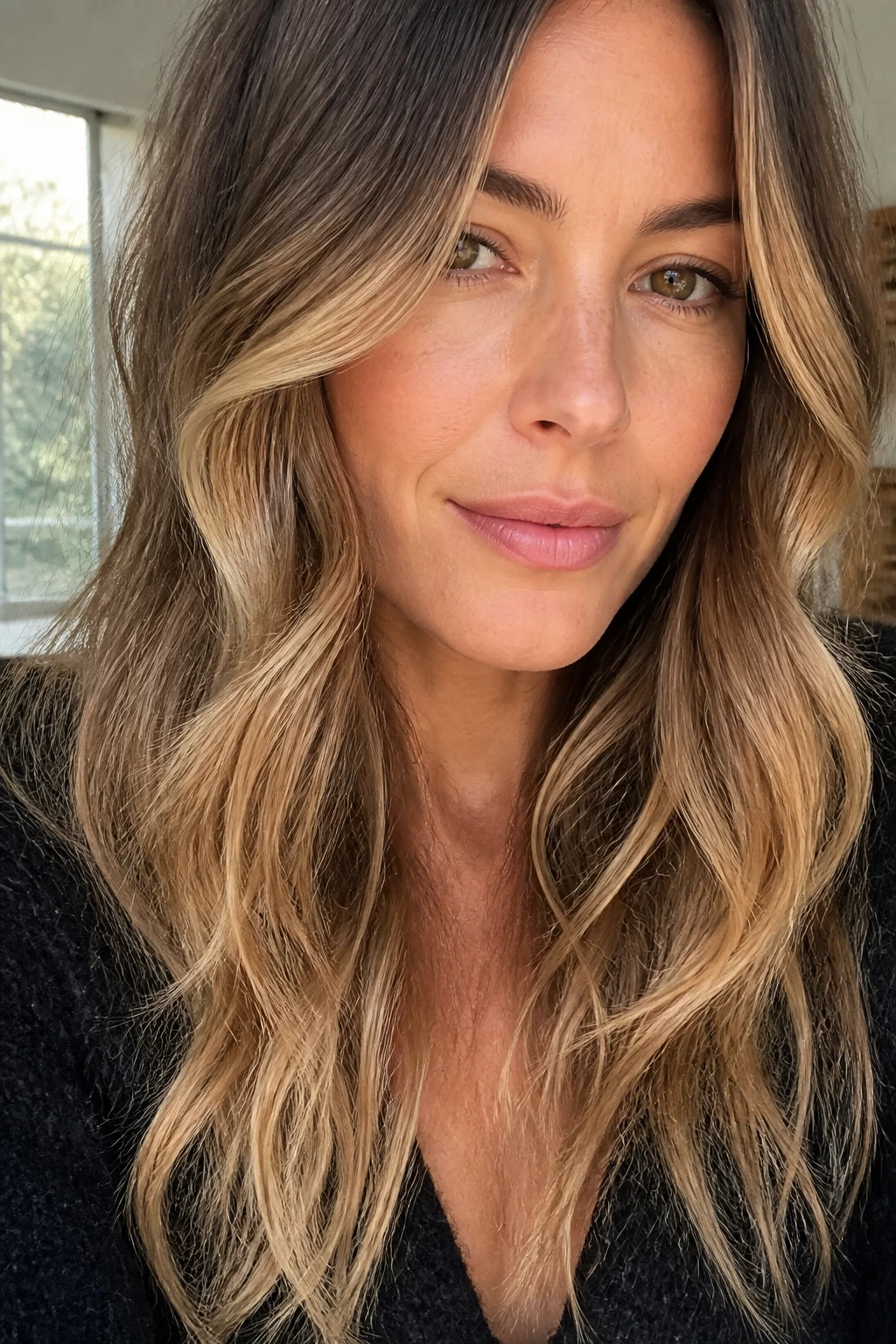 Close-up of a real woman with Highlight-Peeking Waves showing face-framing color
