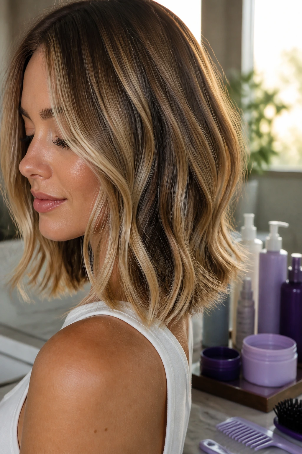 Person with fresh highlighted hair and faint background products