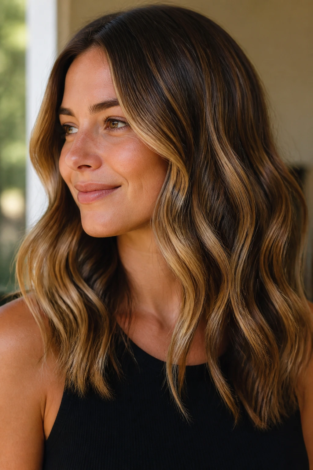 Close-up portrait of a real person with wavy hair showing highlight placements on bends.