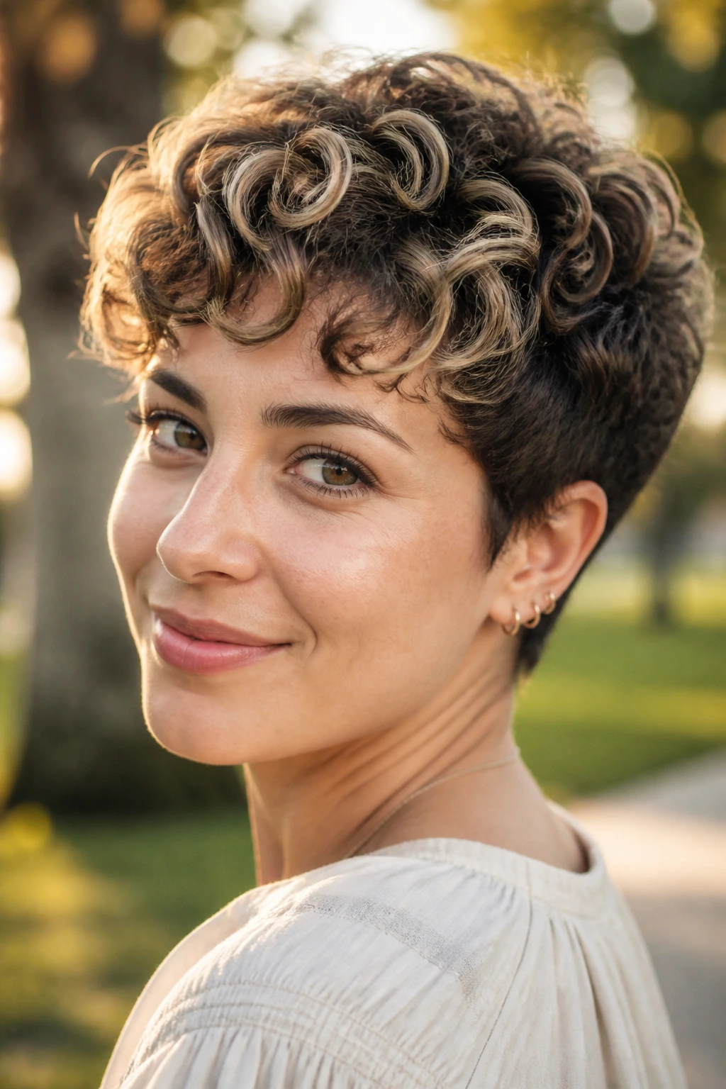 Close-up portrait of a real woman with highlighted curly pixie.