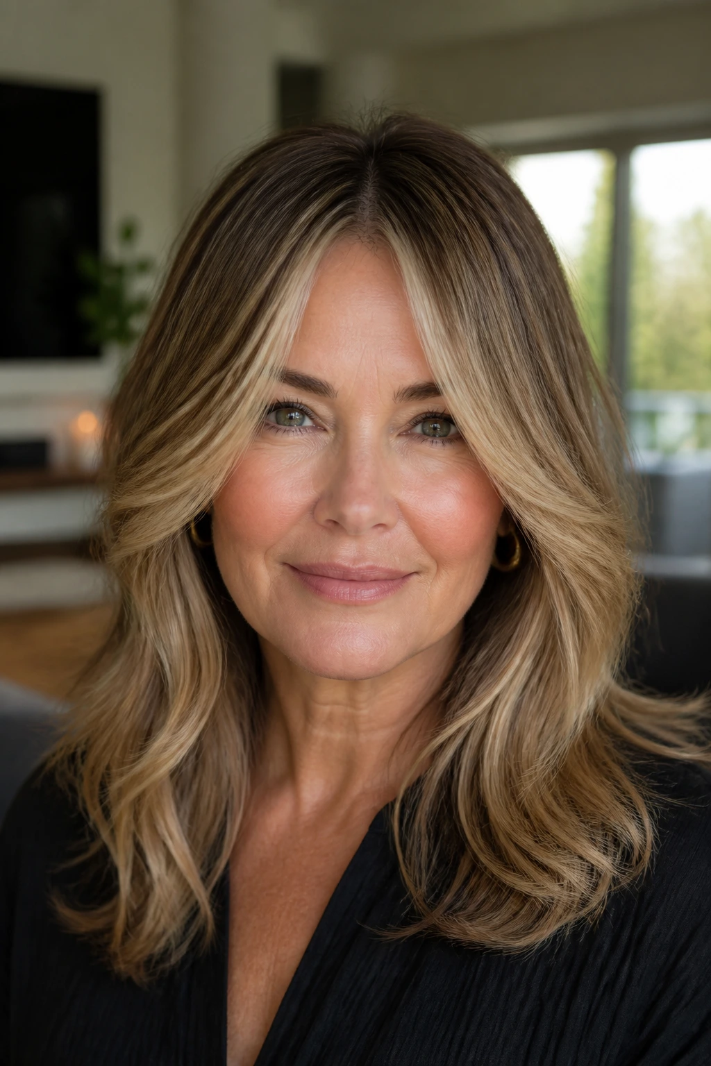Portrait of a real woman with highlighted face-framing curtains illuminated by soft daylight
