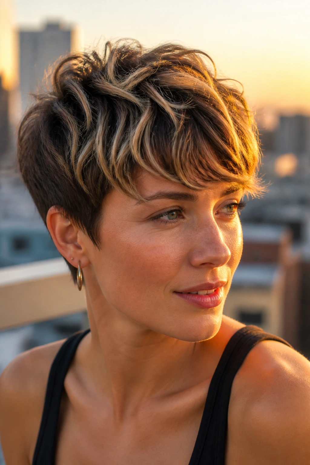 Close-up portrait of a real woman with highlighted crown in golden hour setting