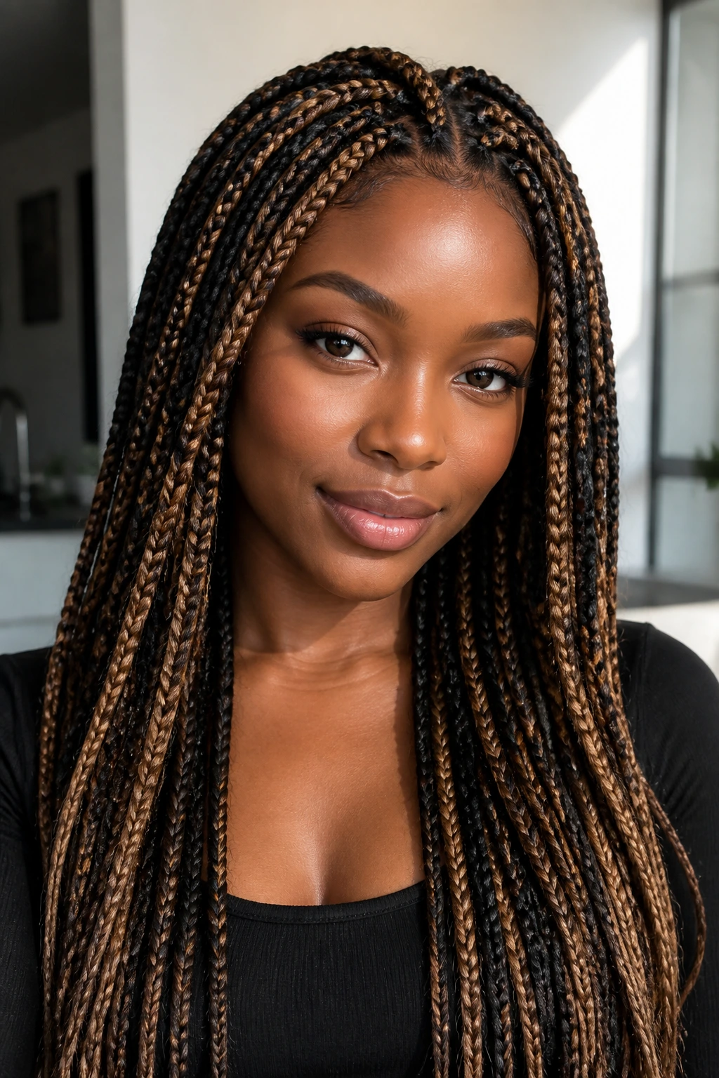 Close-up of highlighted knotless braids on a real woman