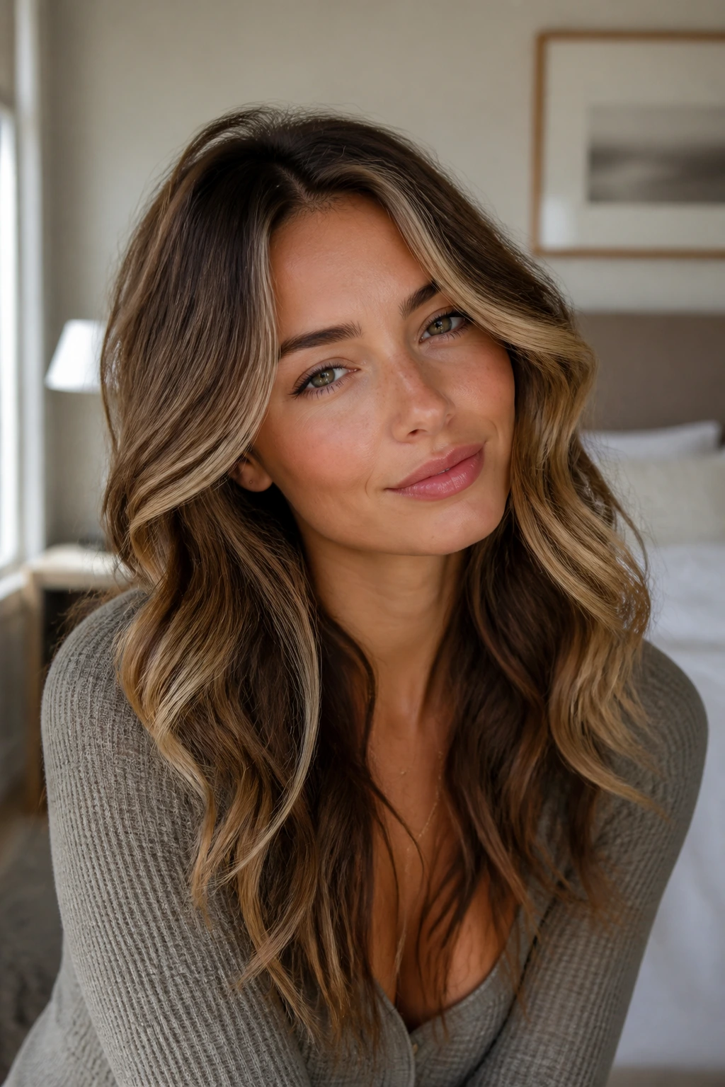 Close-up of a real woman's hair with highlighted waves catching light in a window-lit room