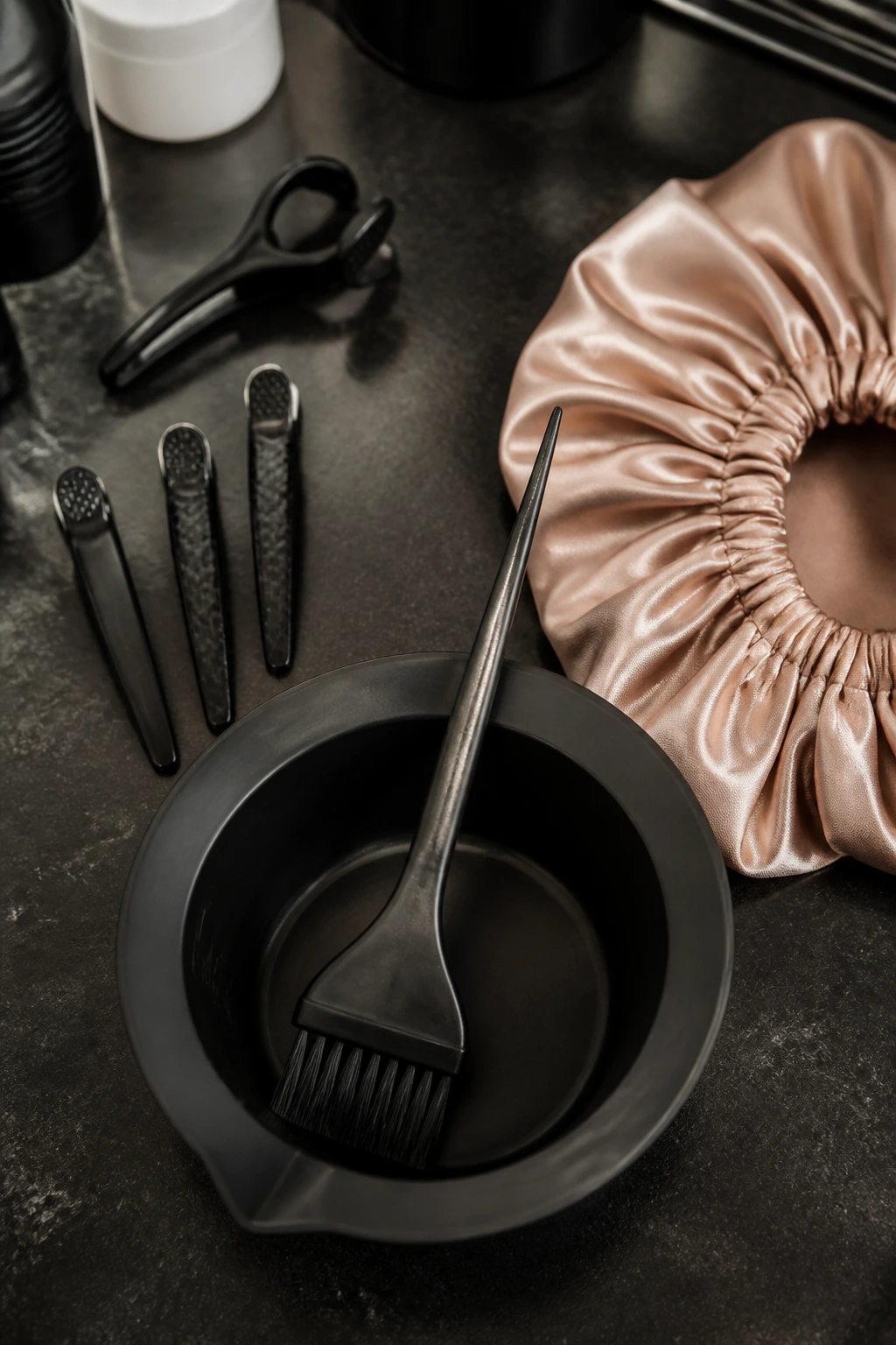 Top-down view of essential hair highlighting tools arranged on a surface.