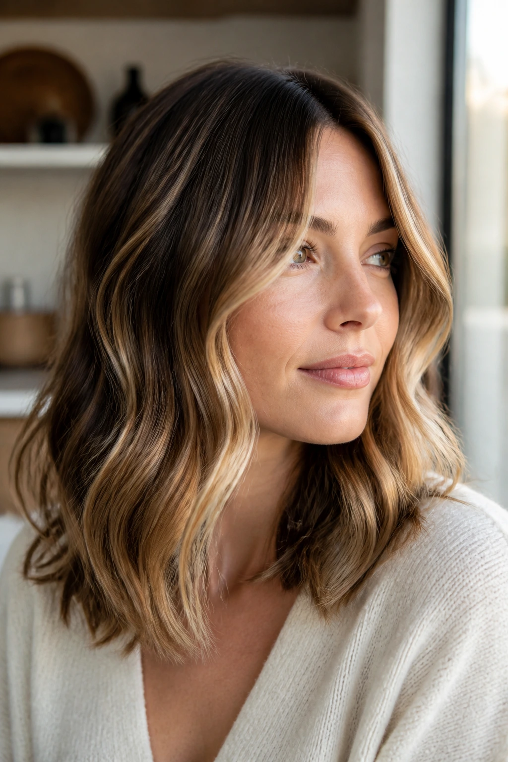 Close-up portrait of real person with shoulder-length hair showing dimensional highlights