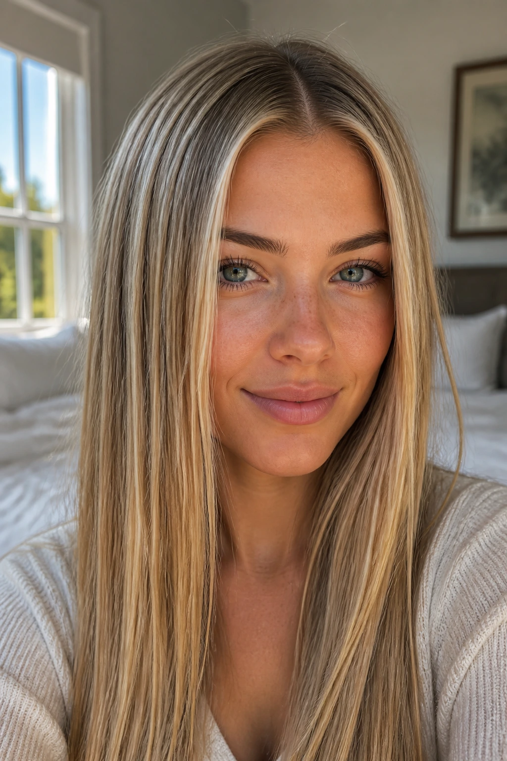 Close-up of a real woman with straight hair and a center part showing crisp highlights.