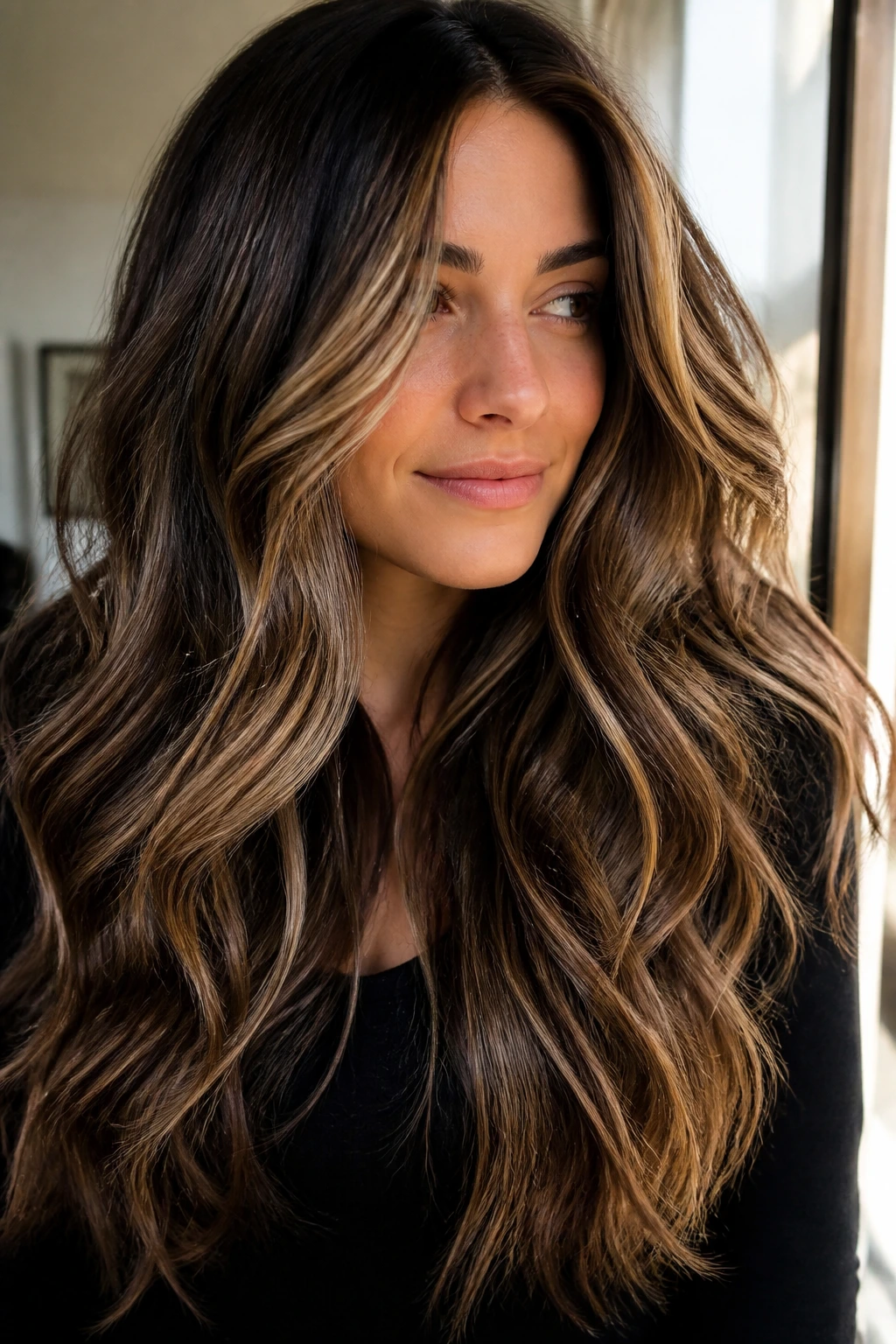 Woman with thick hair styled in loose waves showing highlighted ribbons