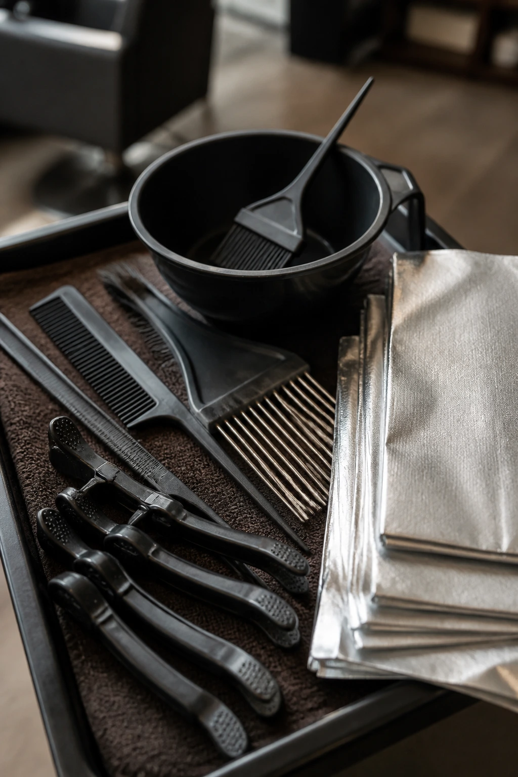 Close-up of highlighting tools arranged in a salon: tail comb, clips, tint brush, foils, weaving comb