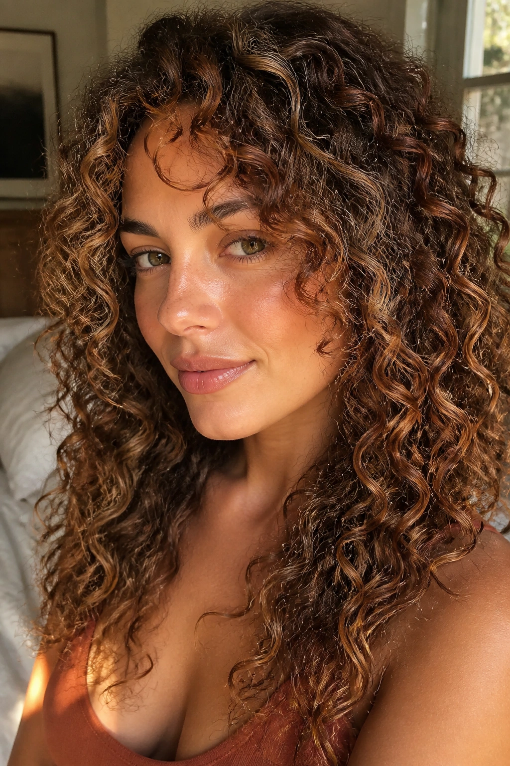 Close-up of real woman with curly hair showing color variations in highlights