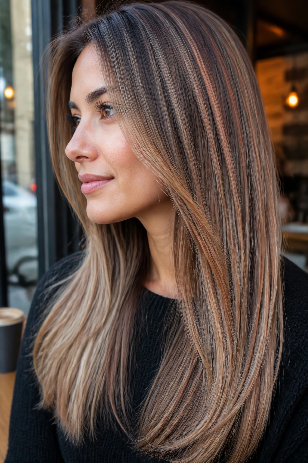 Portrait of a woman with varied highlight tones in straight hair.
