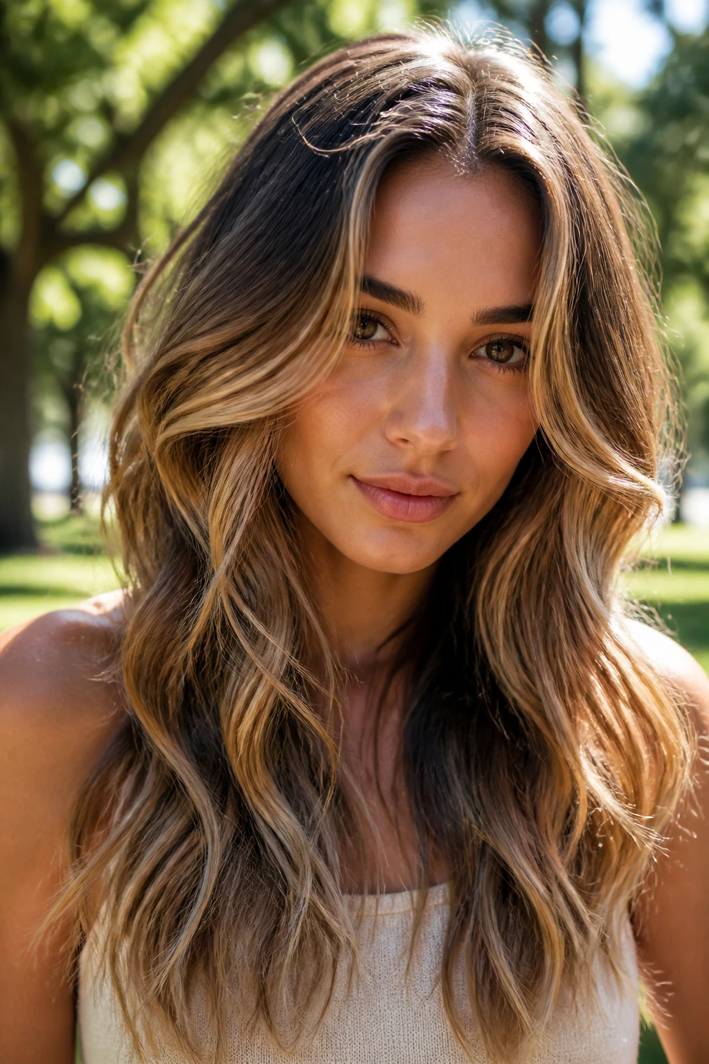 Close-up of a woman with highlight-enhanced waves.