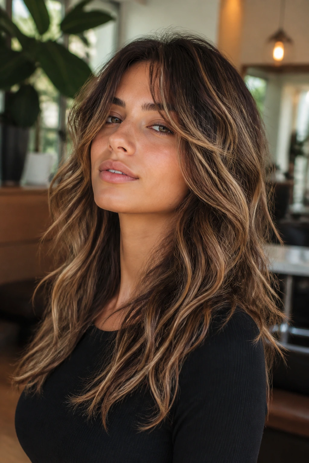 Real woman with highlight-mapped wolf cut showing dimensional color along waves