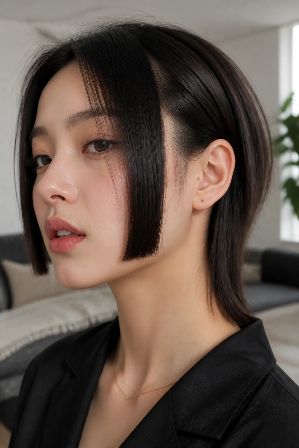 Portrait of Hime cut with hidden undercut on a real person