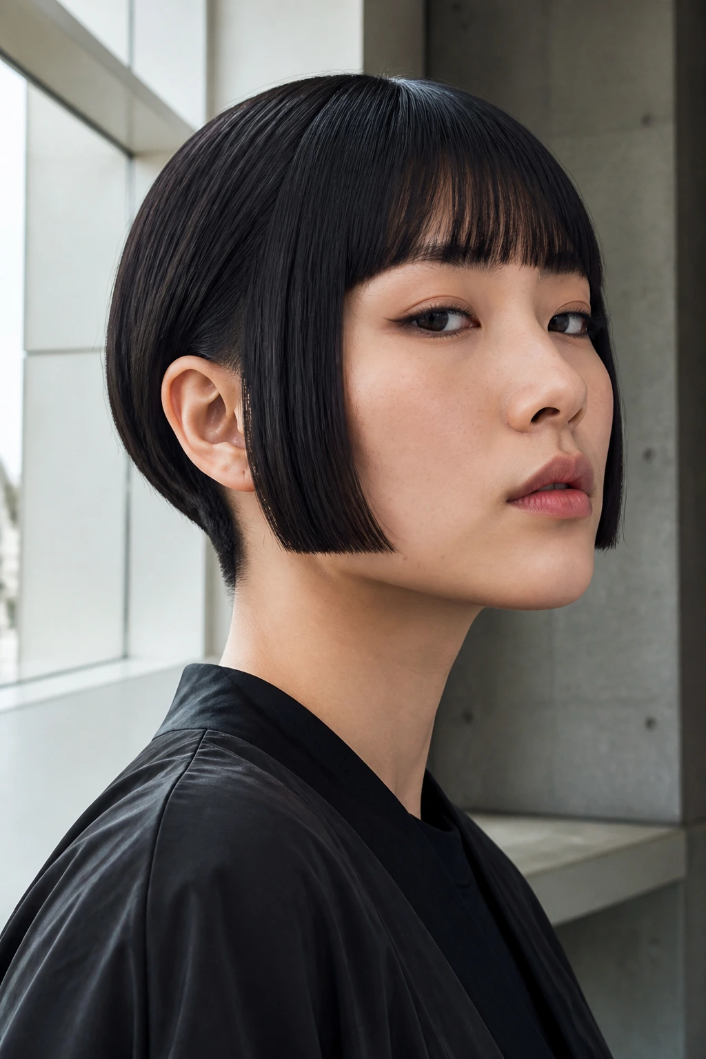 Real woman with Hime cut and hidden nape undercut showing sharp geometry.