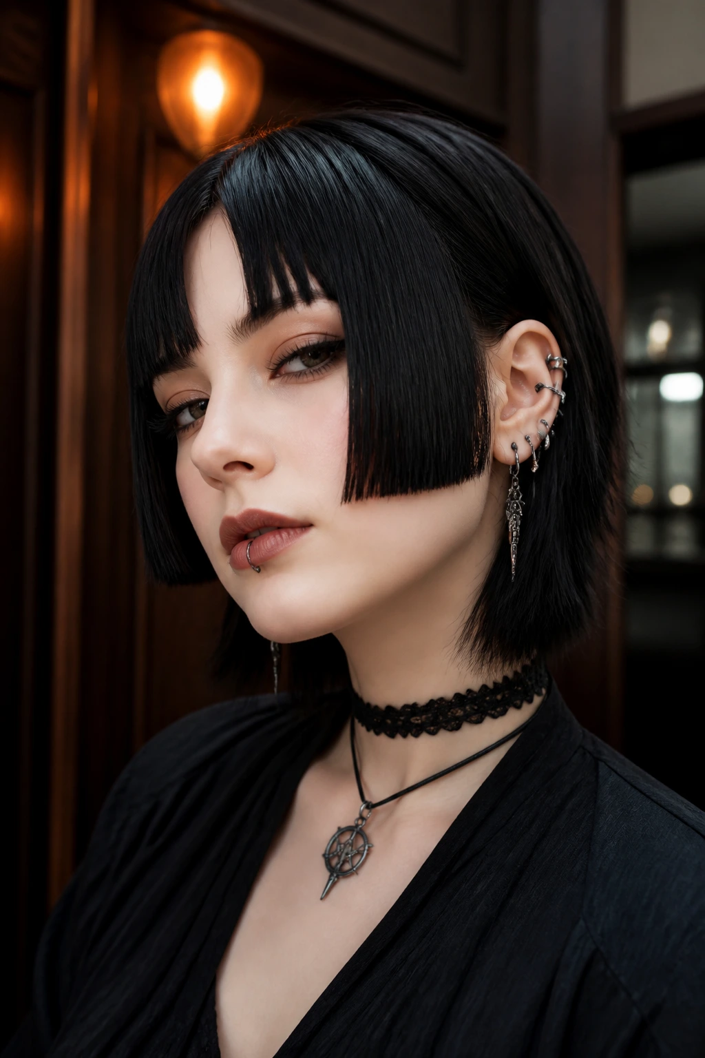 Close-up of a real woman with hime-inspired split bangs in a warm, modern interior