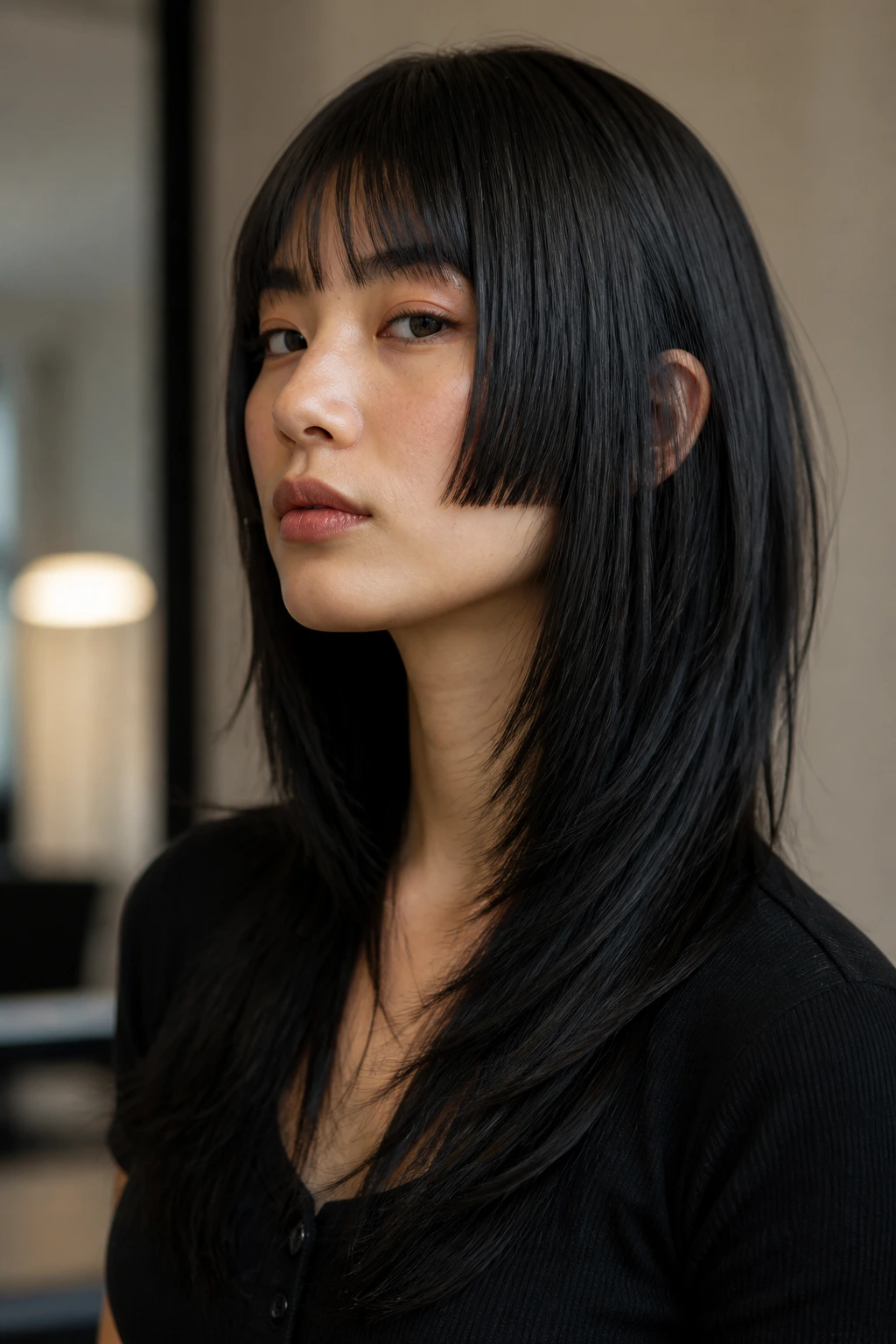 Close-up portrait of a woman with Hime-inspired sharp-edged long layers