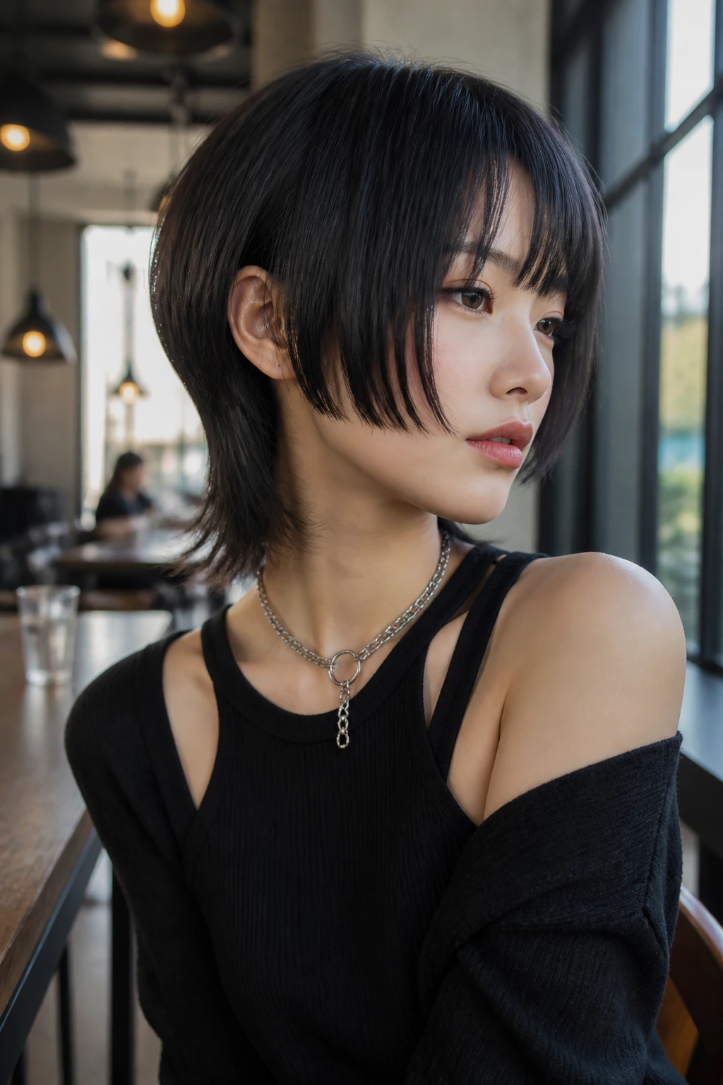 Portrait of a woman with a Hime-inspired short cut in cafe light