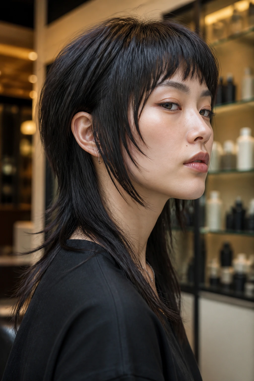 Close-up portrait of a real woman with a Hime-Mullet Hybrid hairstyle in a modern salon
