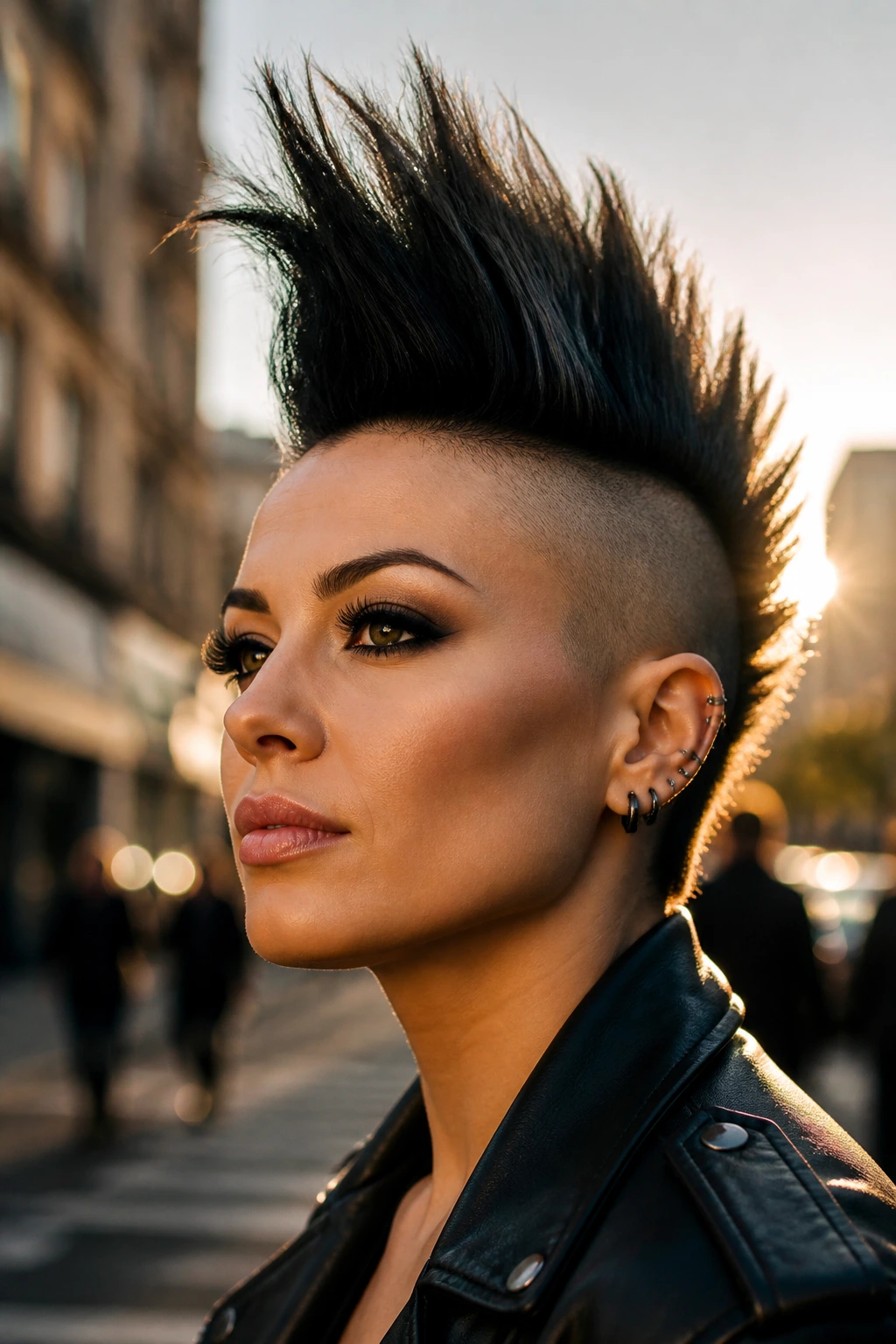 Real woman with mohawk holding shape outdoors in wind