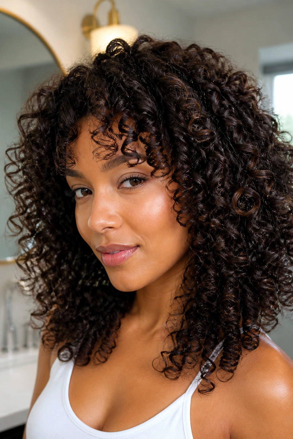Portrait of a woman with defined, non-crunchy curls after styling.