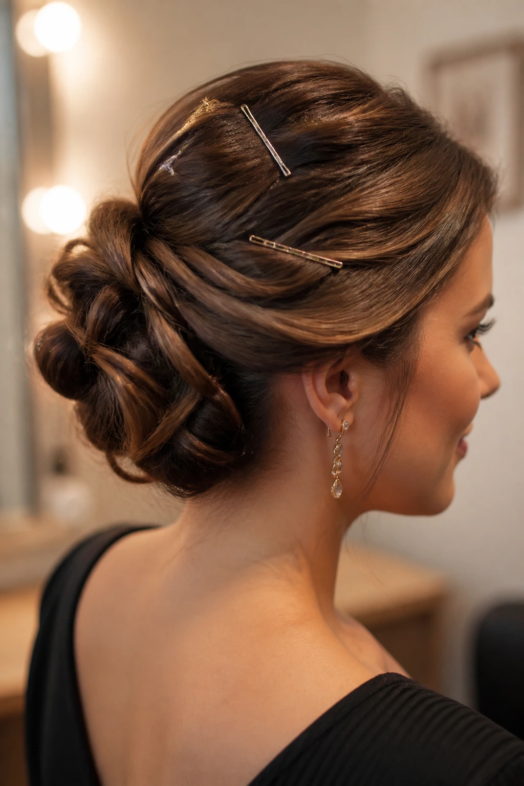 Close-up of a real woman showing a secure, anchored hairstyle with pins.