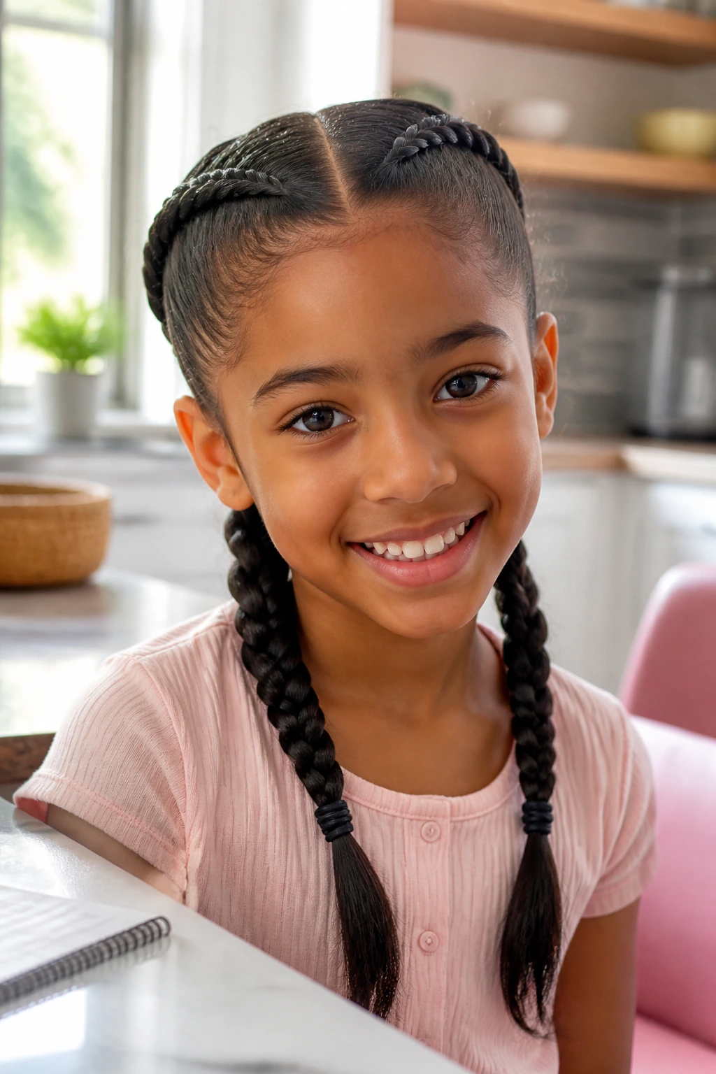 Front-view portrait of a child with two neat braids framing the face in morning light