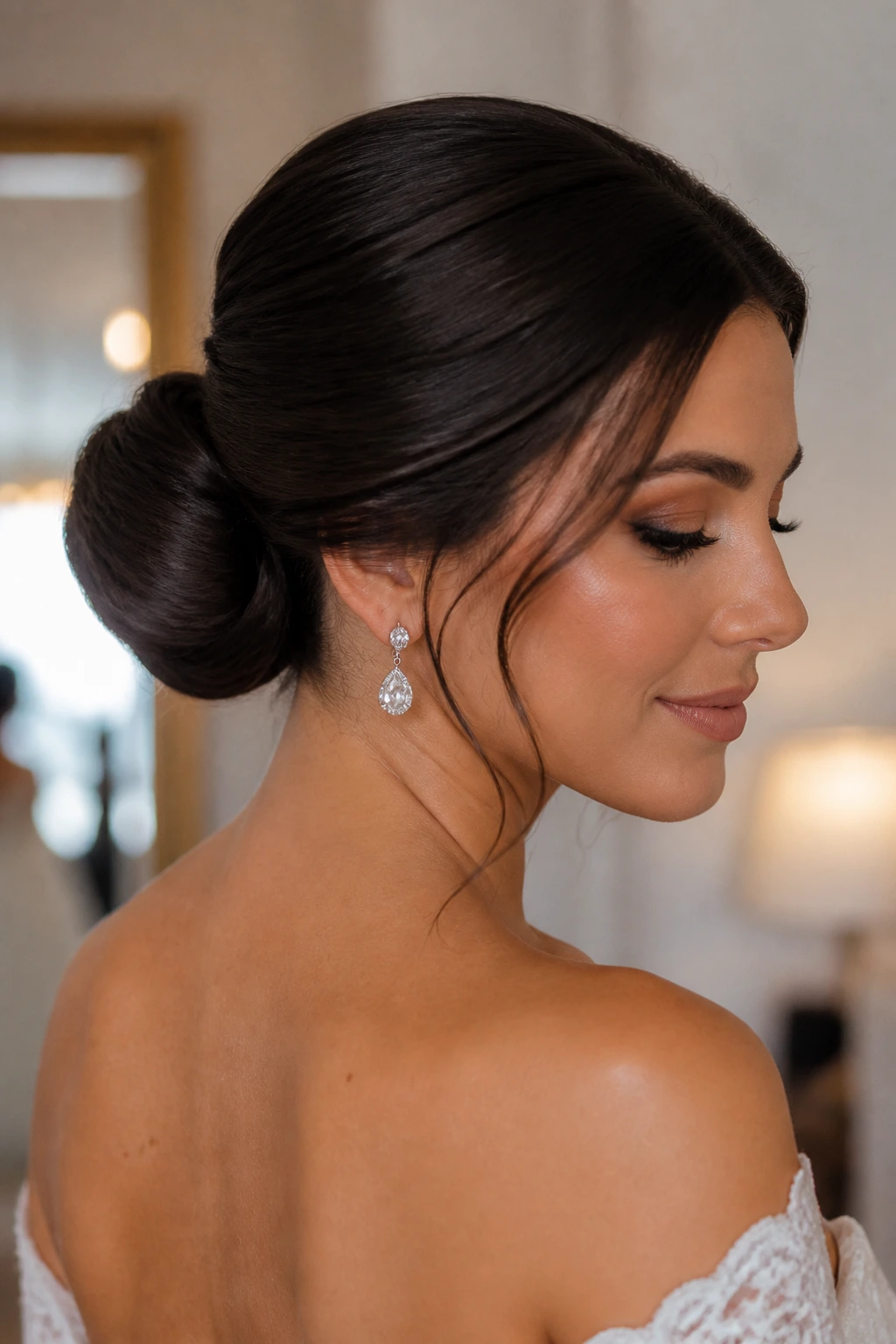 Bride with sleek low chignon in softly lit bridal suite