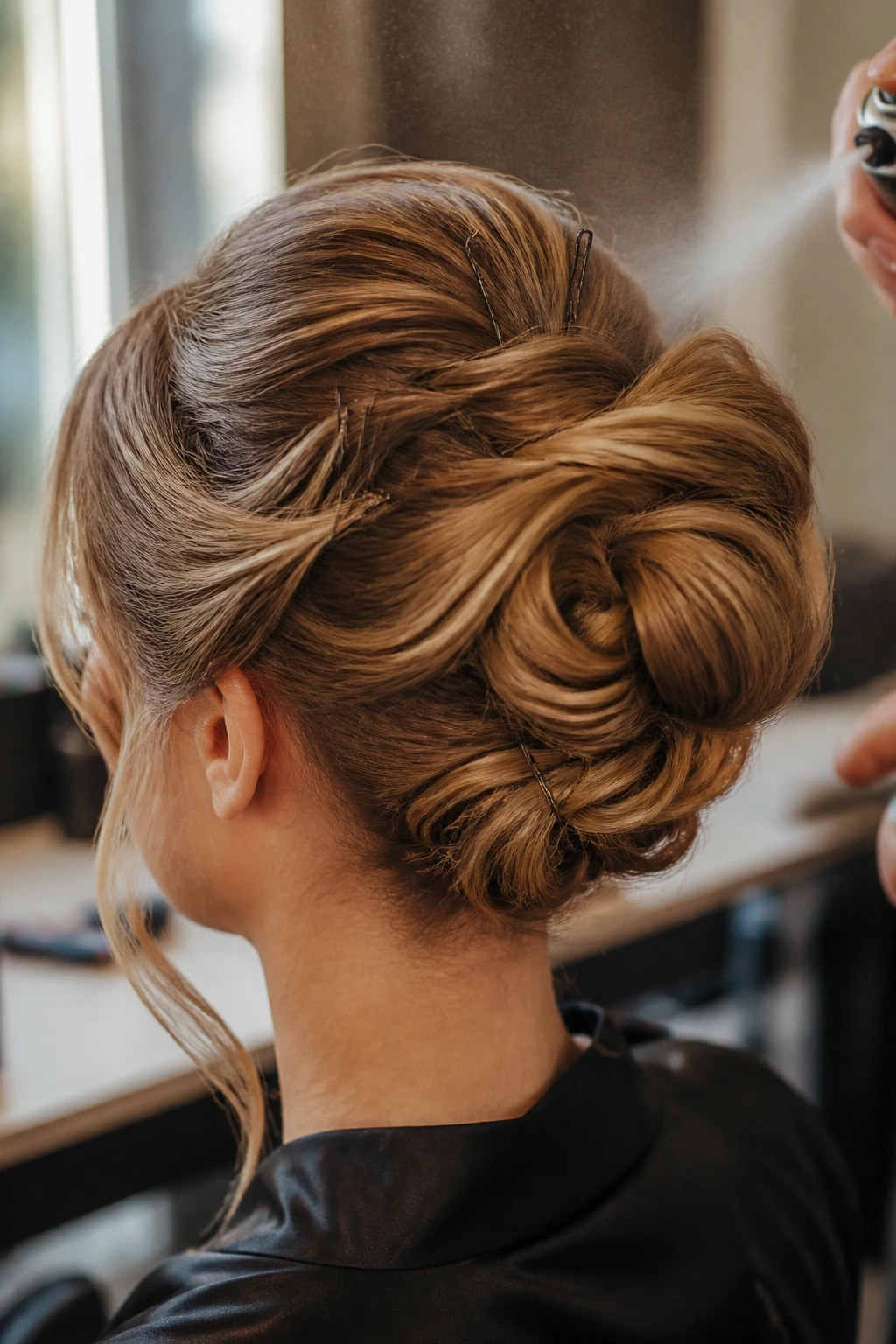 Close-up of a hairstyle showing base, pins, and subtle hold on a real person.
