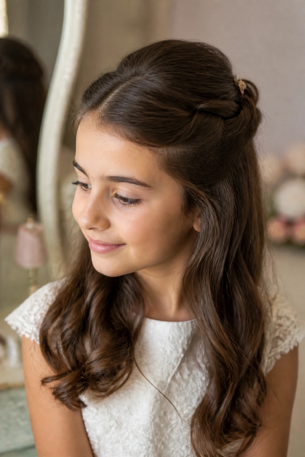 Real girl's half-up hairstyle with secure pins and smooth shape
