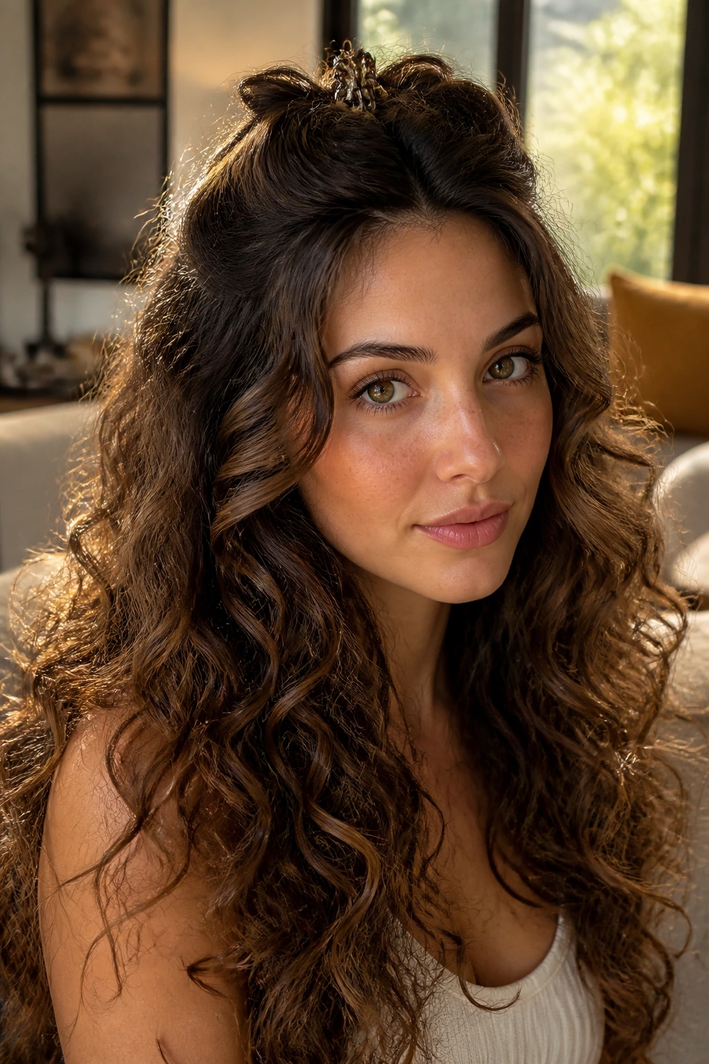 Portrait of a real person with crown twist anchoring long curls to hold shape.