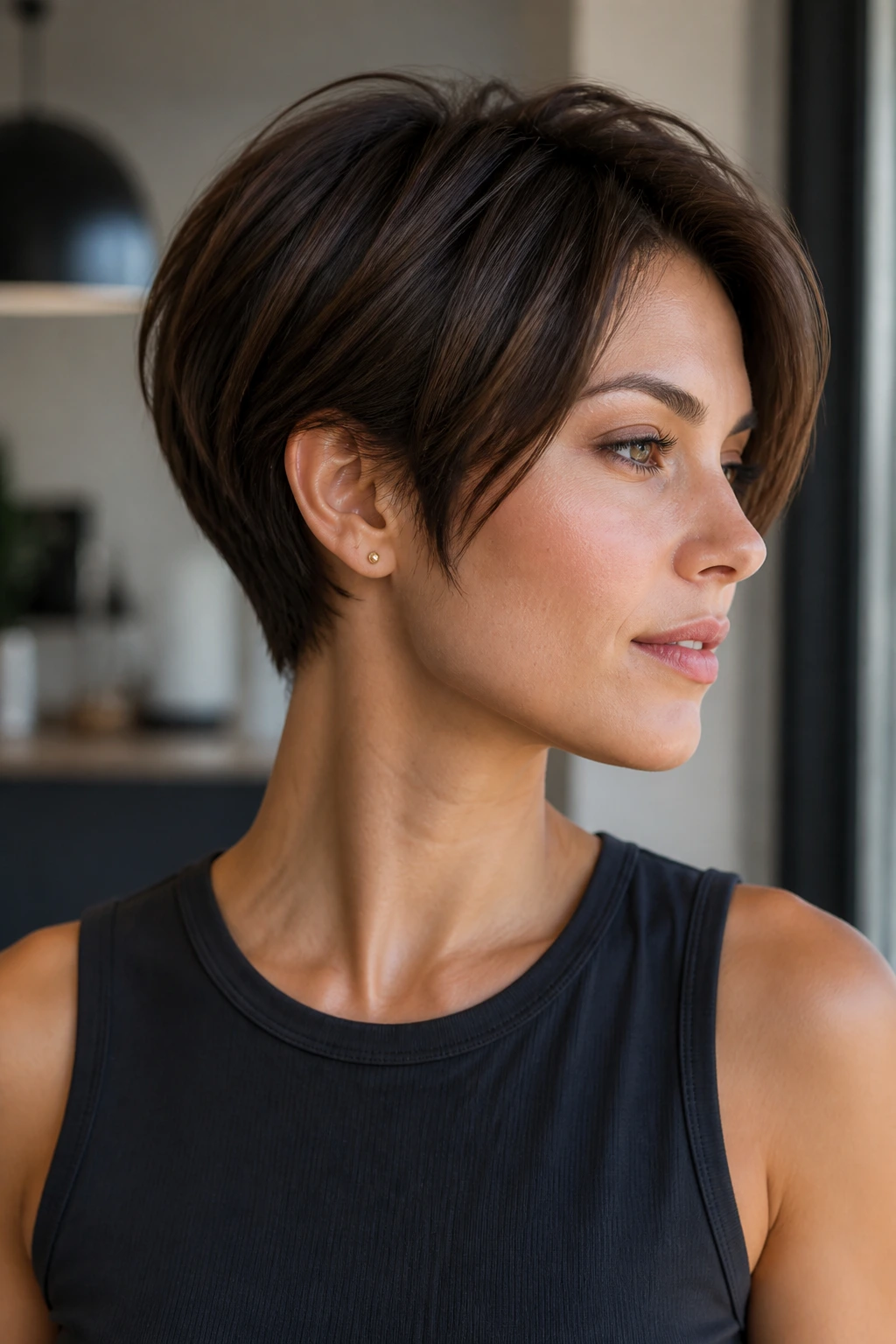 Portrait of a real woman with a defined pixie bob showing directional shape and clean outline.