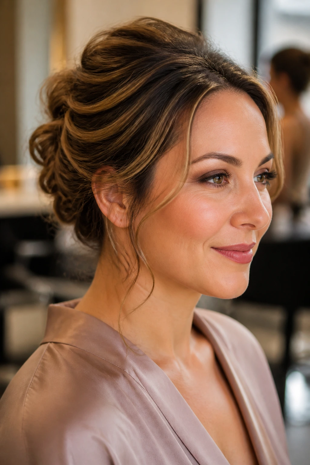 Portrait of a woman with an updo that sits close to the head, held securely