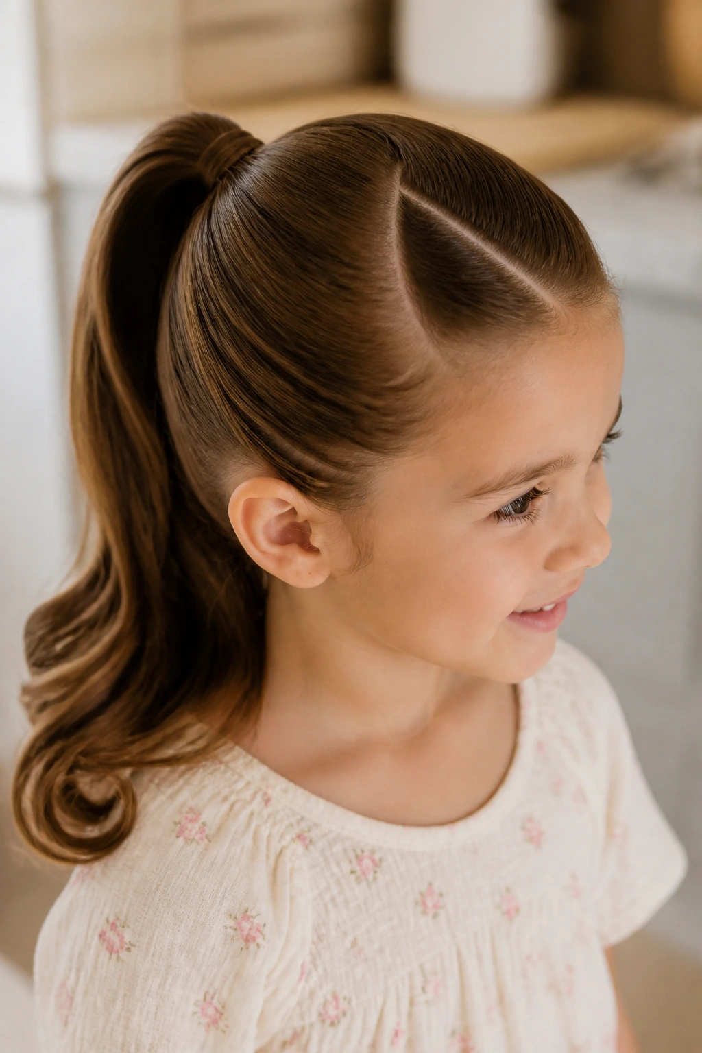 Portrait of a girl with durable neat hairstyle in a morning setting.