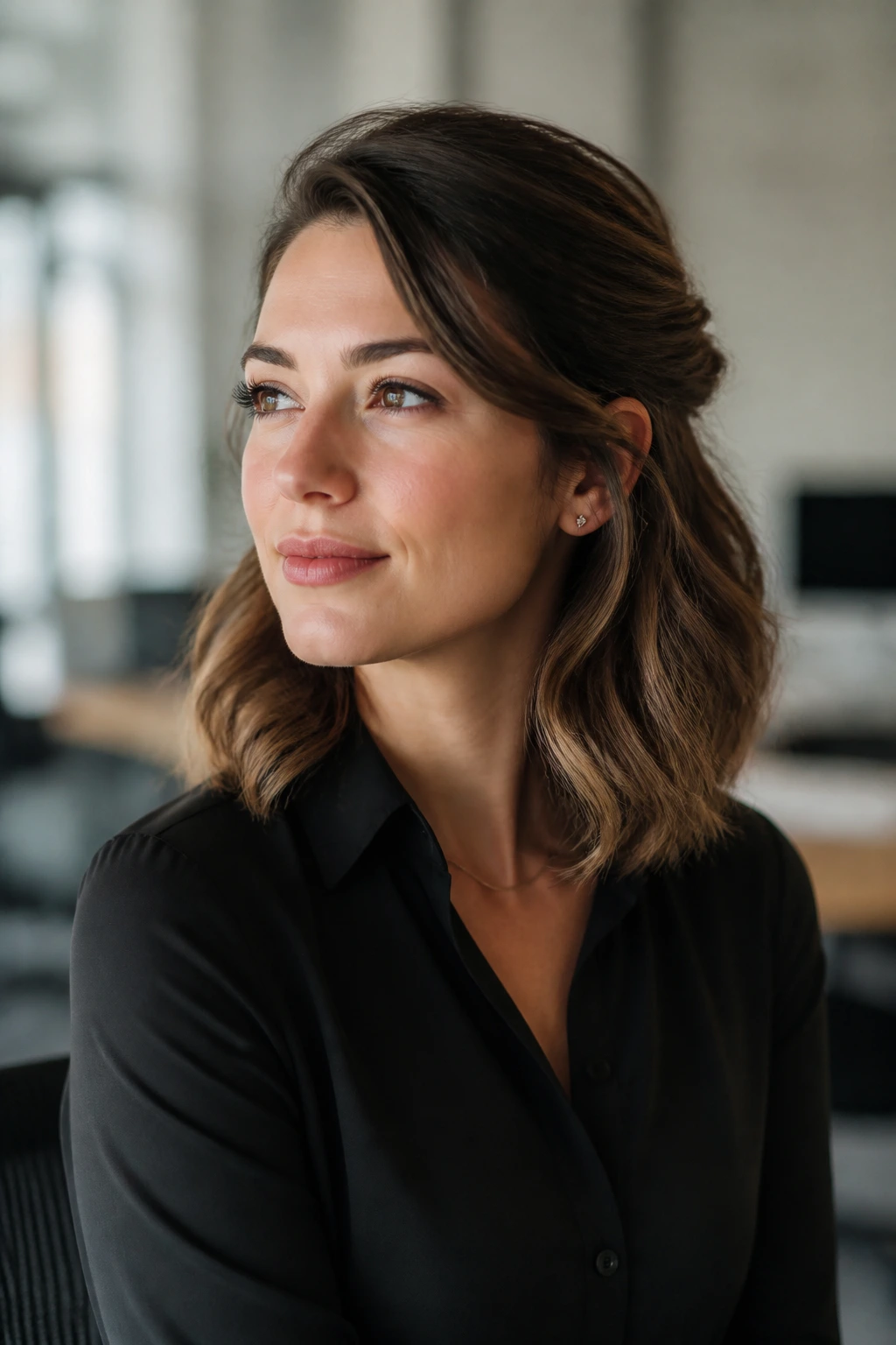 Portrait of a woman with a well-held medium-length hairstyle in a work setting