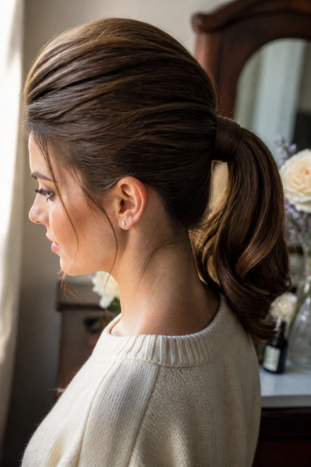 Portrait of a woman with lifted crown ponytail showing hold and pins