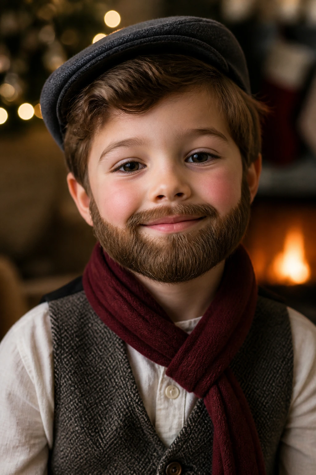 Close-up portrait of a child with a neat rounded holiday beard