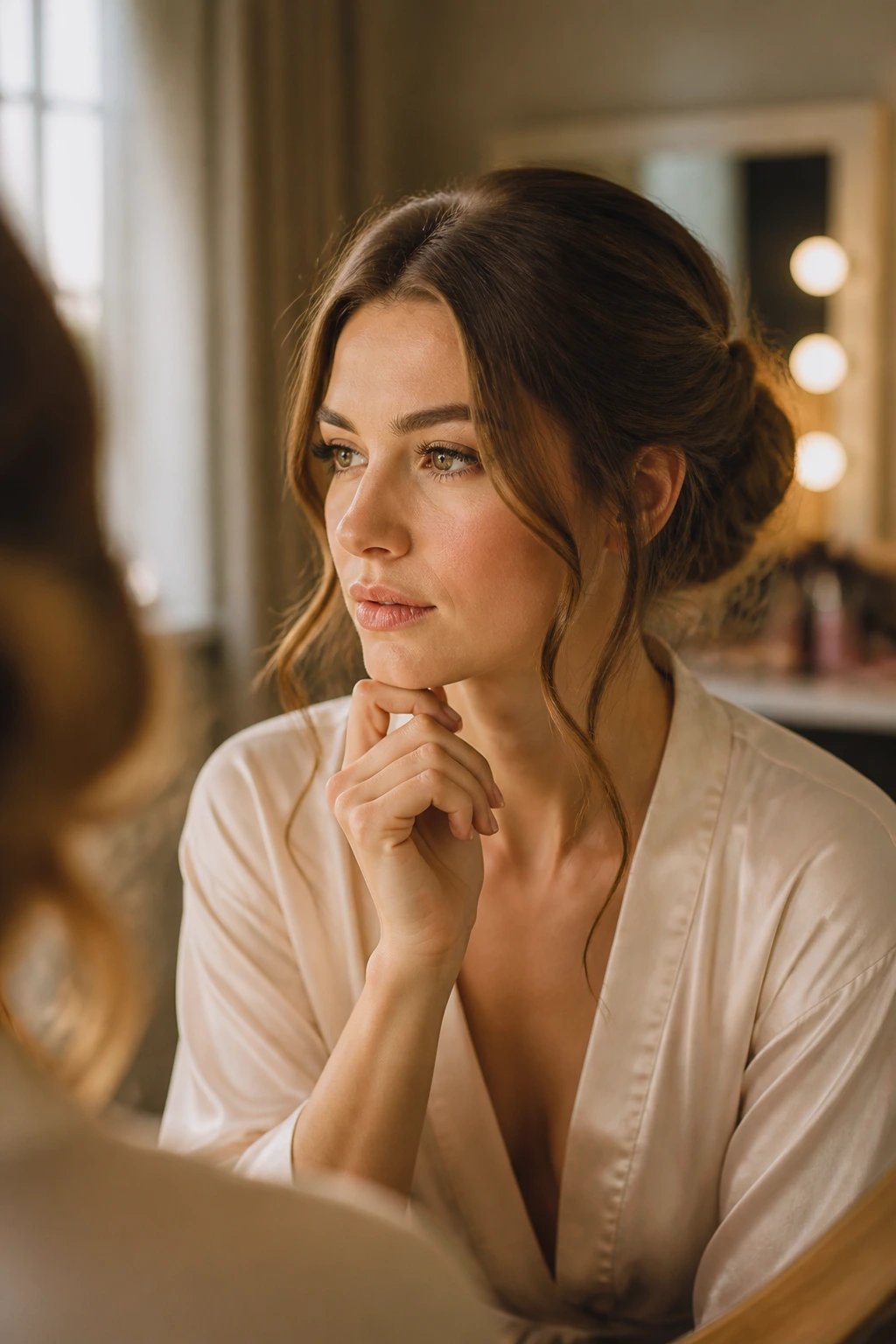 Thoughtful woman considering holiday hair questions in soft lighting