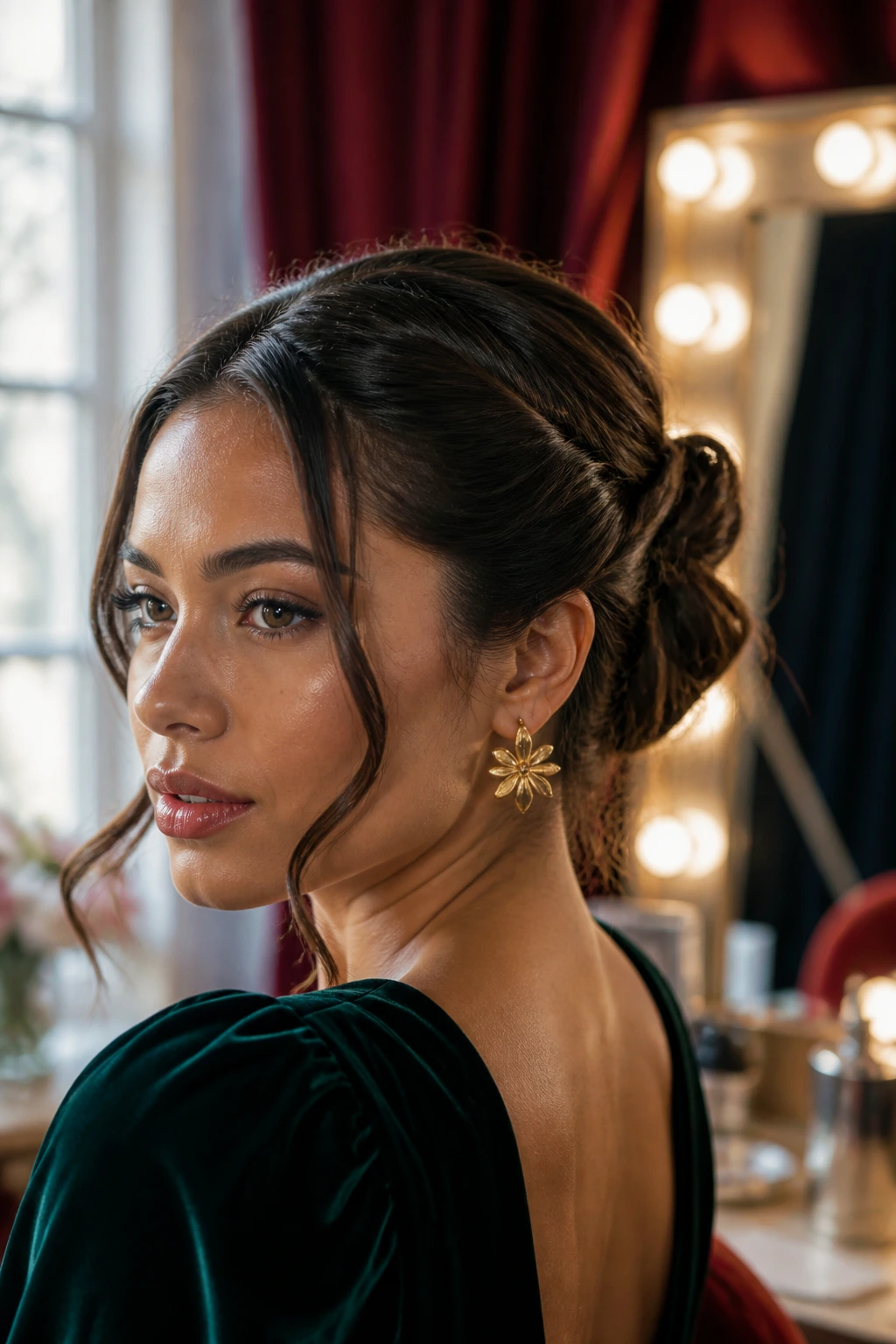 Close-up portrait of a real woman with a polished holiday hairstyle representing the collection