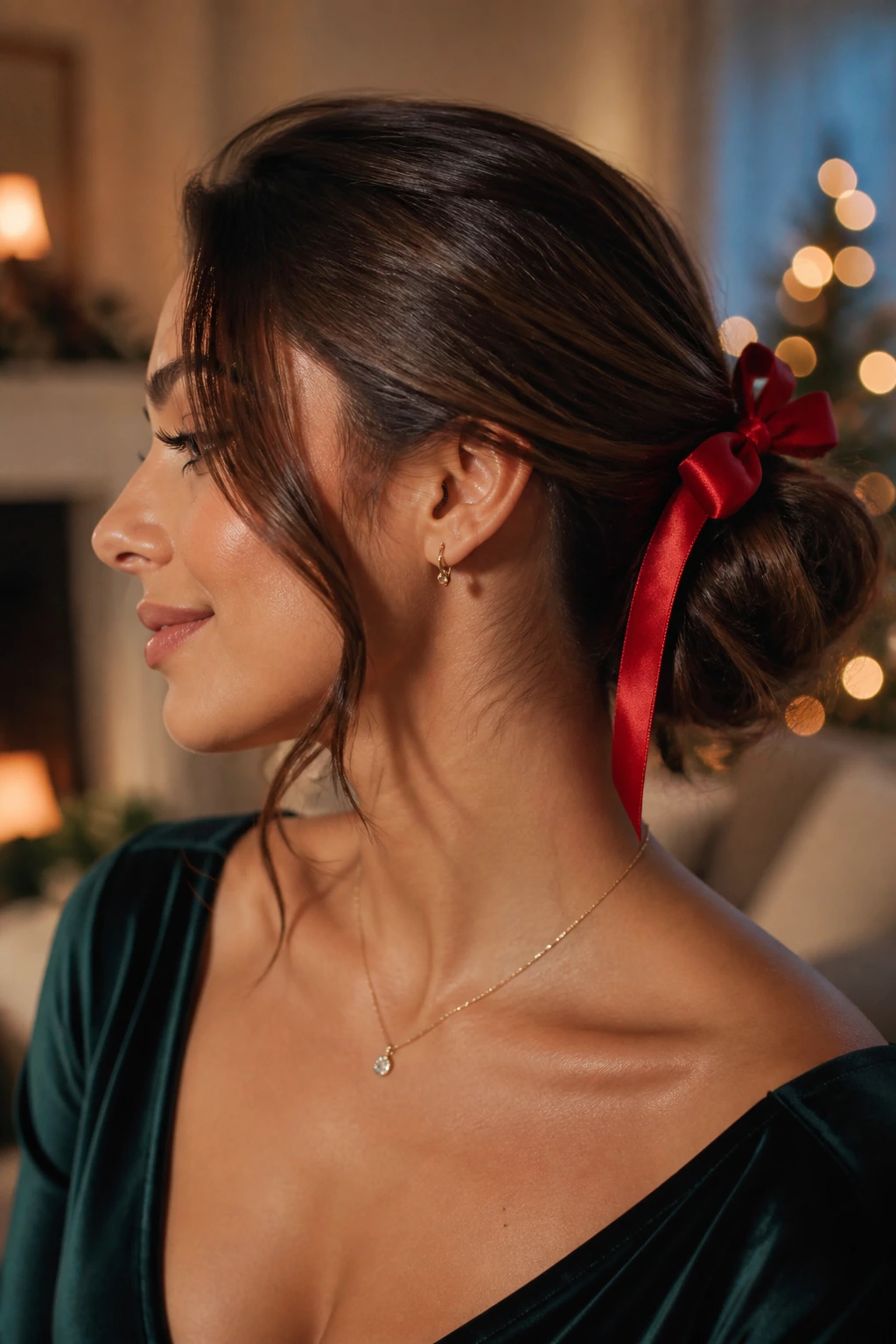 Portrait of a real woman with a polished holiday hairstyle featuring a low bun and ribbon.