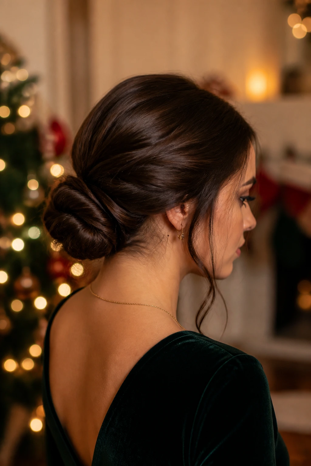 Real woman with secure low bun and pins in a cozy festive room