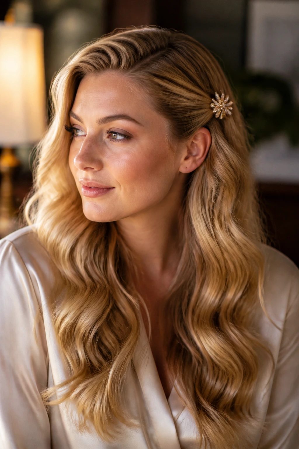 Close-up of a real woman with holiday waves and a decorative pin in hair