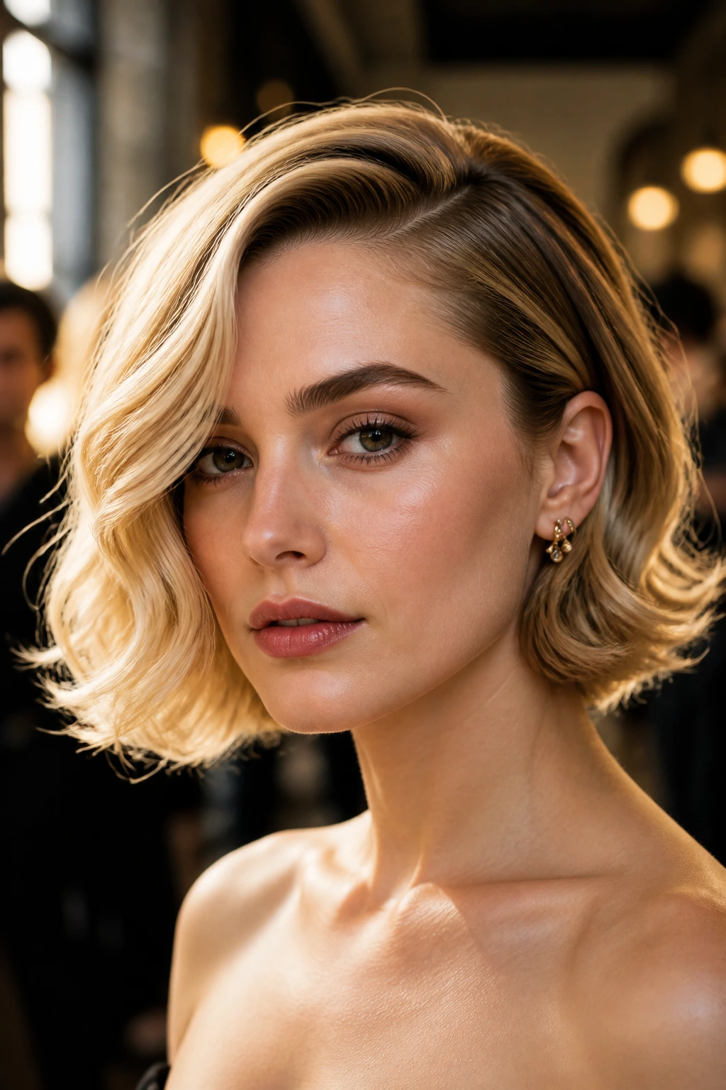 Portrait of real woman with side-swept Hollywood bob and broad waves