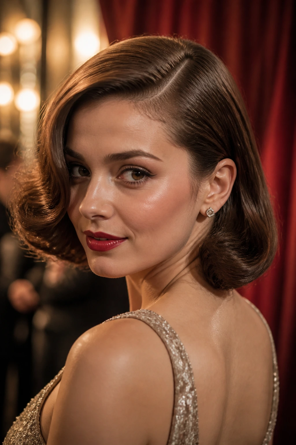 Close-up portrait of a real woman with a Hollywood Side-Part Bob featuring a deep side part and glossy waves