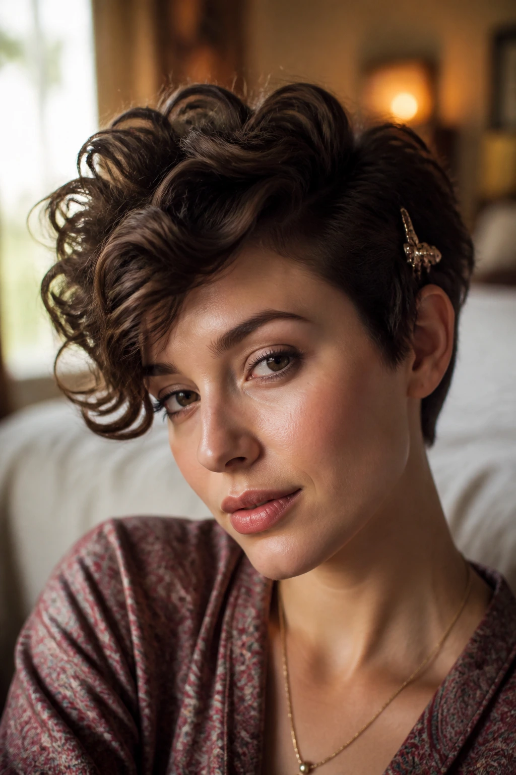 Close-up of a real woman with a Hollywood Sweep pixie showing a dramatic side sweep and root lift.