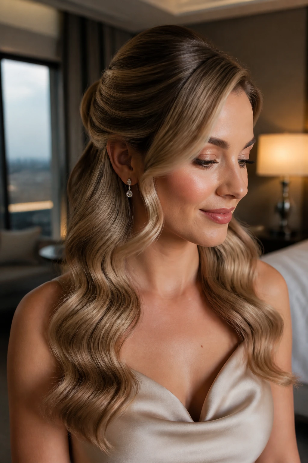 Close-up of a real woman with Hollywood waves half-up and deep side part