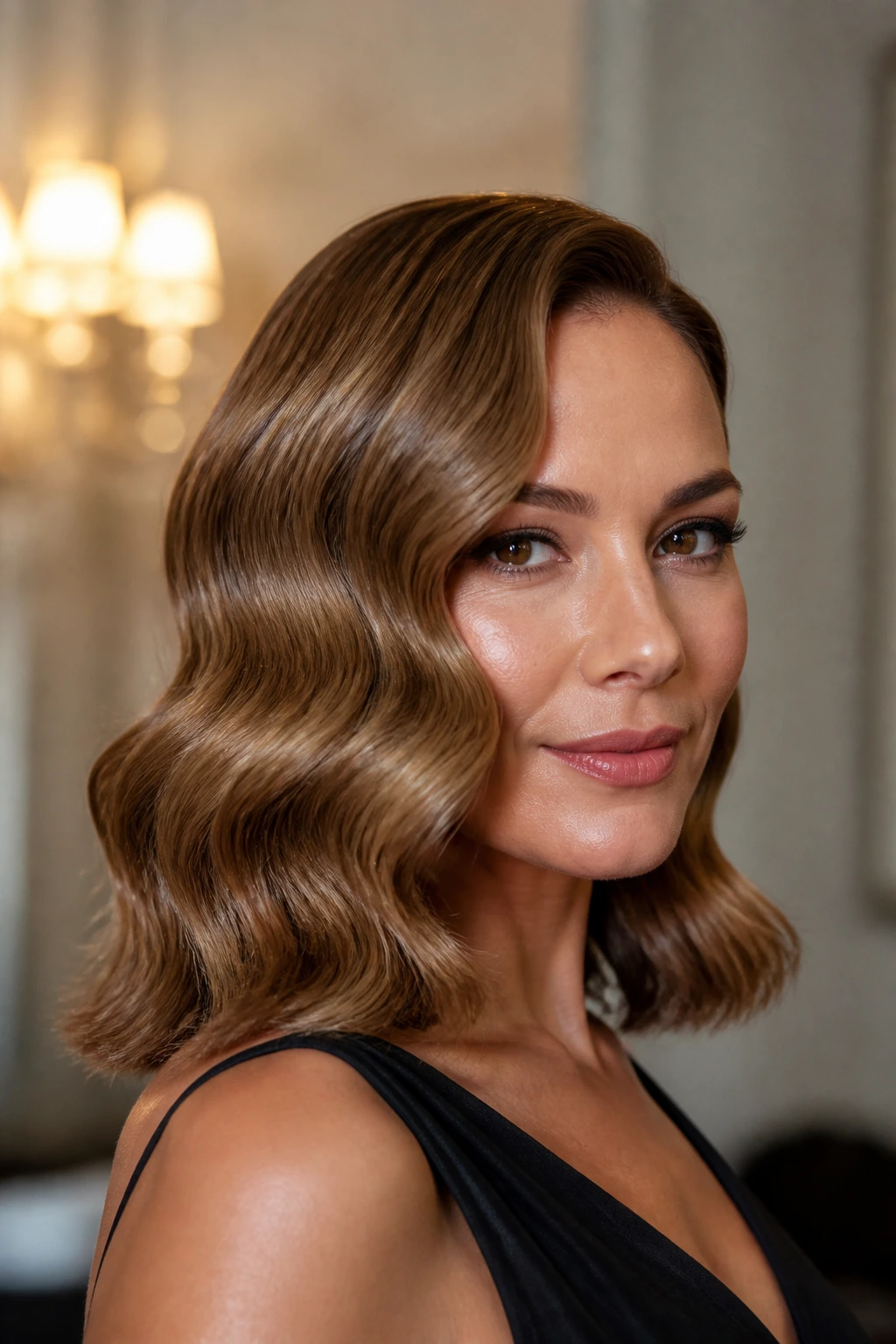 Real woman with Hollywood-wave lob in polished lighting