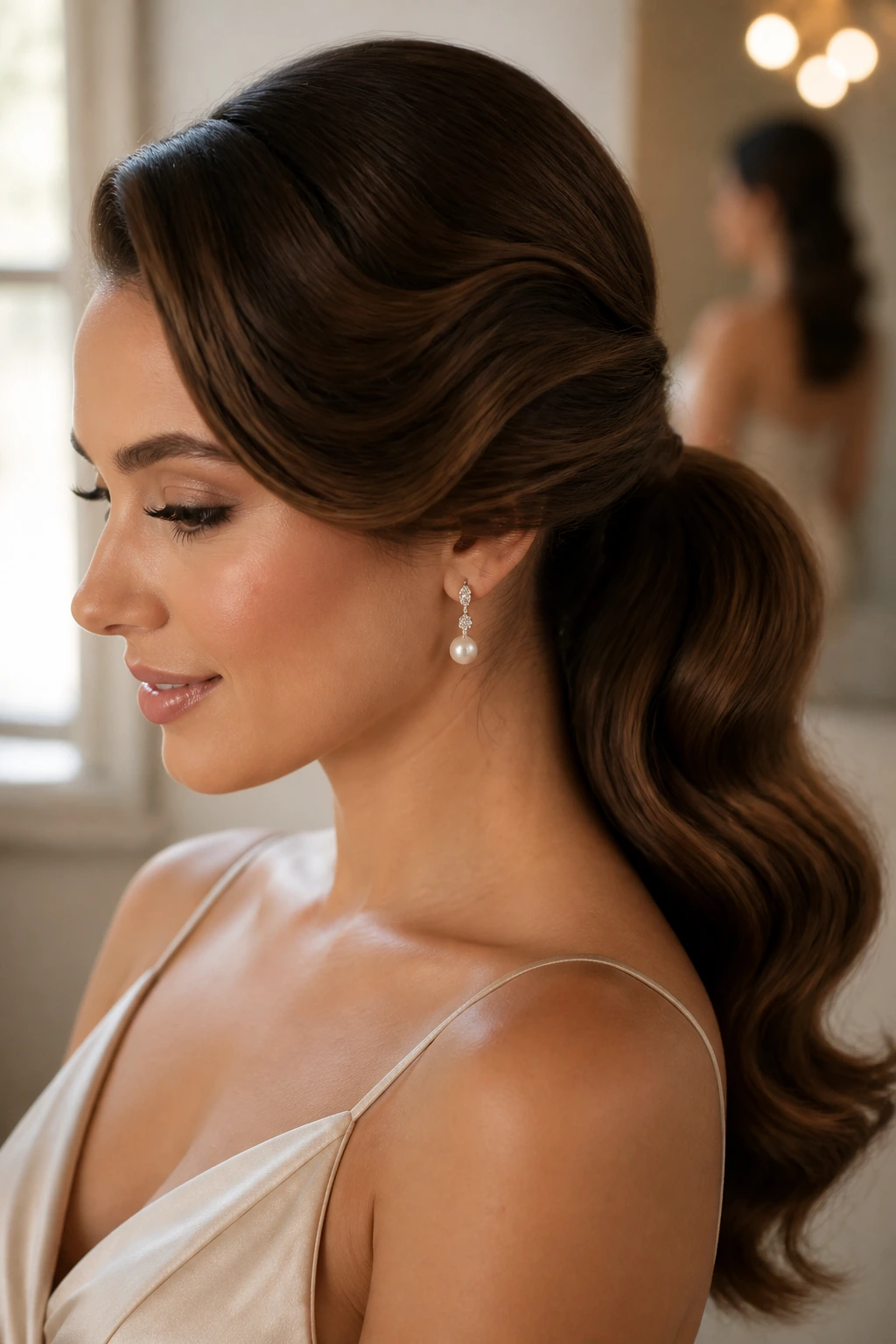 Close-up portrait of a real woman with a Hollywood wave crown and a low ponytail in a bridal prep setting.