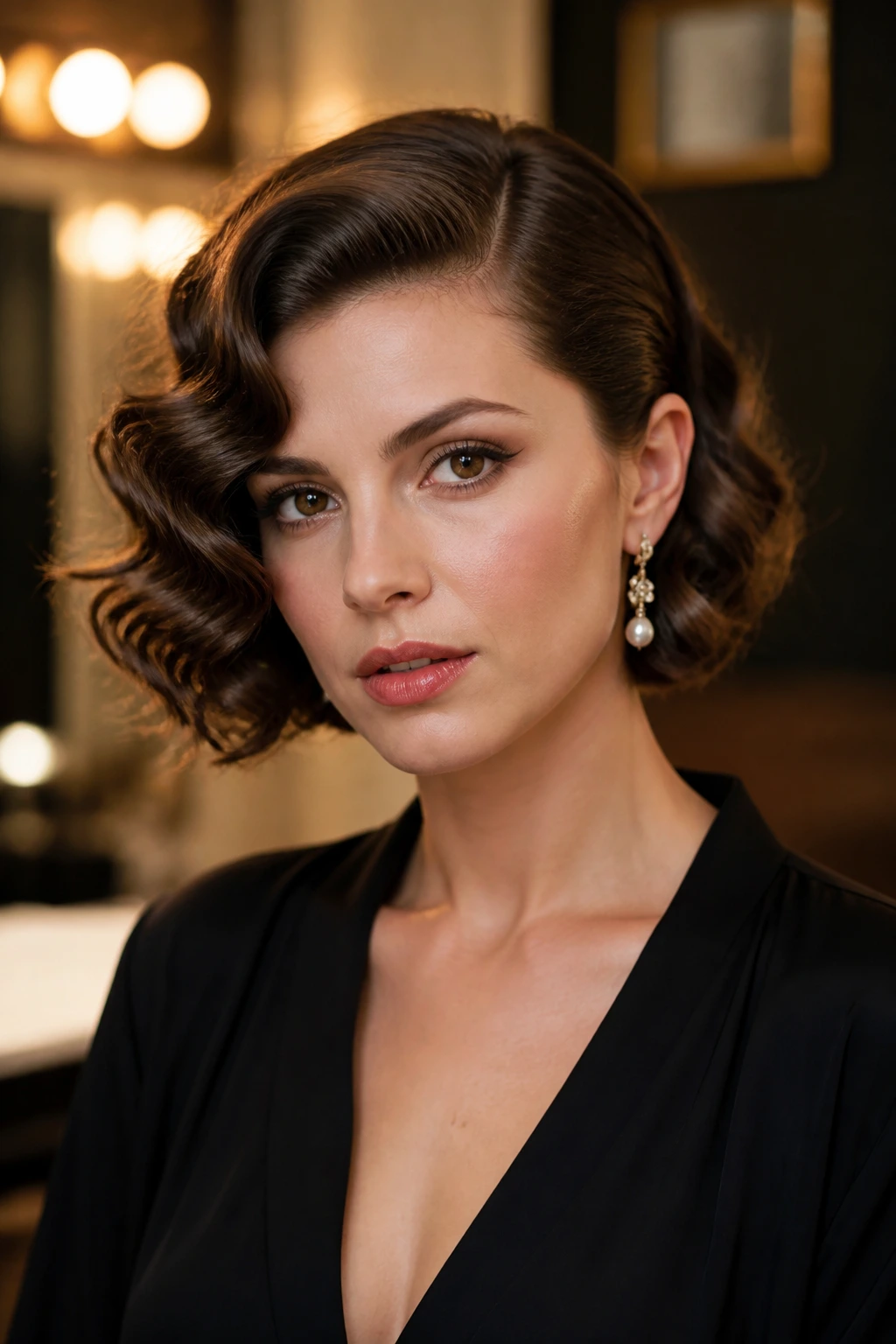 Close-up of a real person with Hollywood waves on a short bob